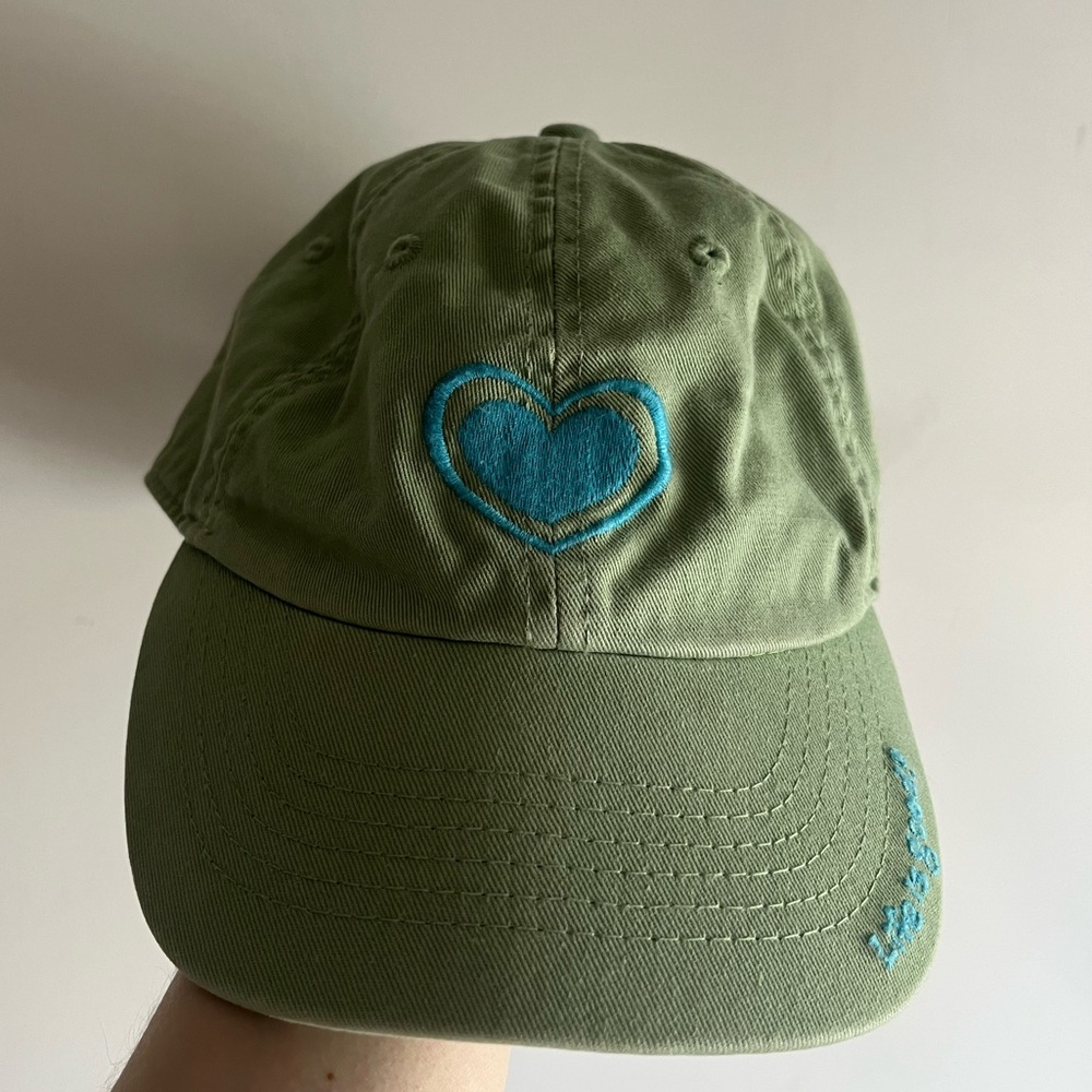 Life Is Good Olive Cap with Blue Heart Embroidery
